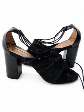 AQUAZZURA VERY EUGENIE Suede Peep Toe Bootie Block Heel Ankle Tie Sandals